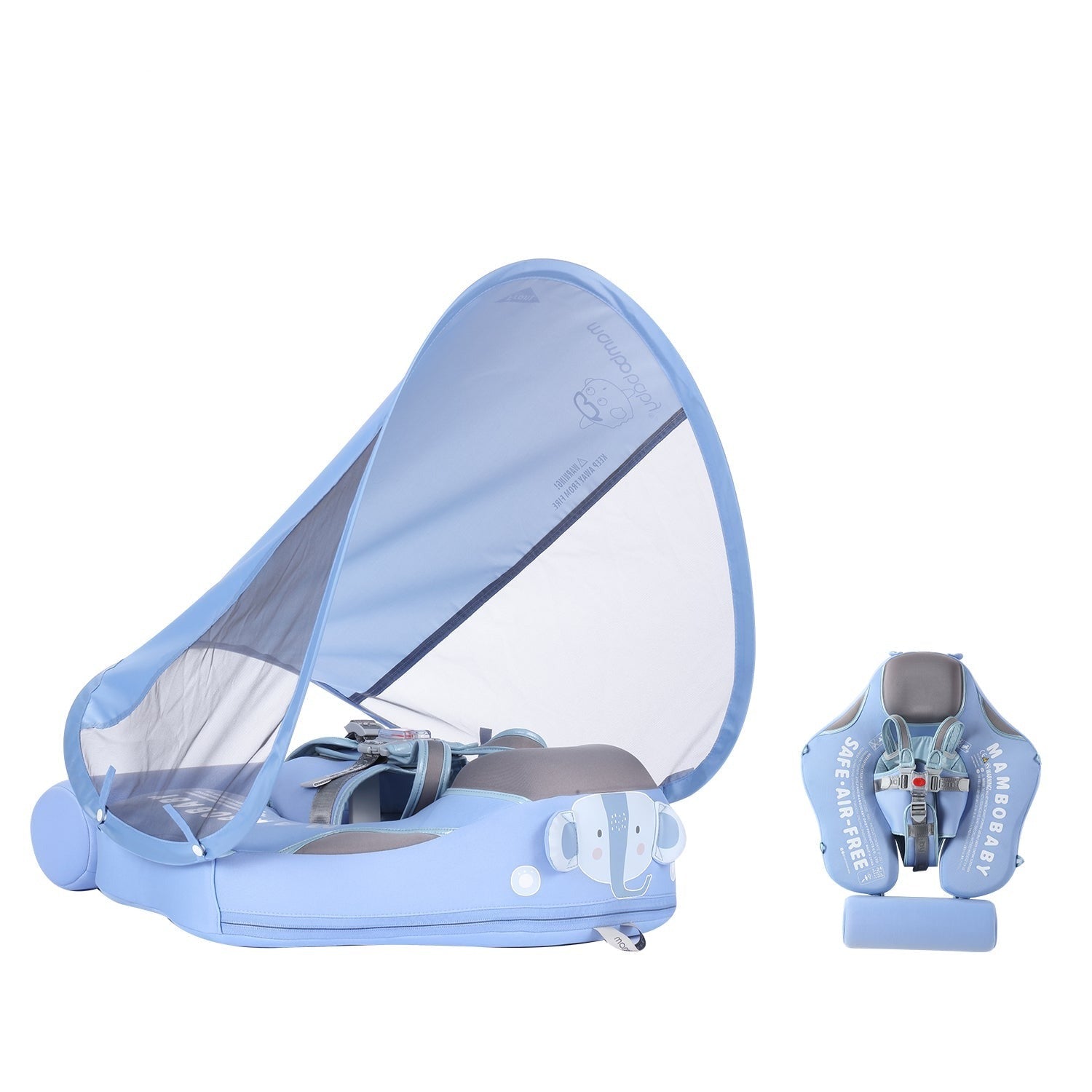 Official Mambobaby Elephant Series air-free baby chest float with removable UPF 50+ canopy and puncture-proof PearlFoam core.