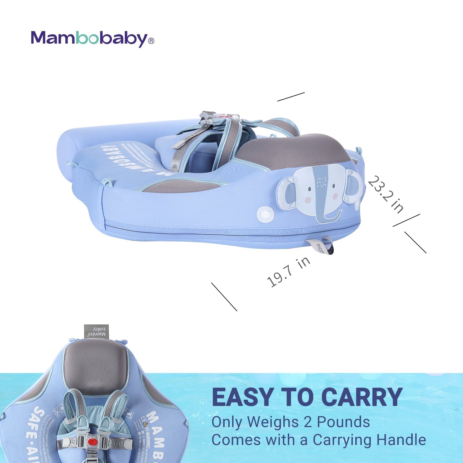 Alternate view of the Mambobaby Elephant edition float showing the BPA-free waterproof leather and anti-flip stabilizer tail.