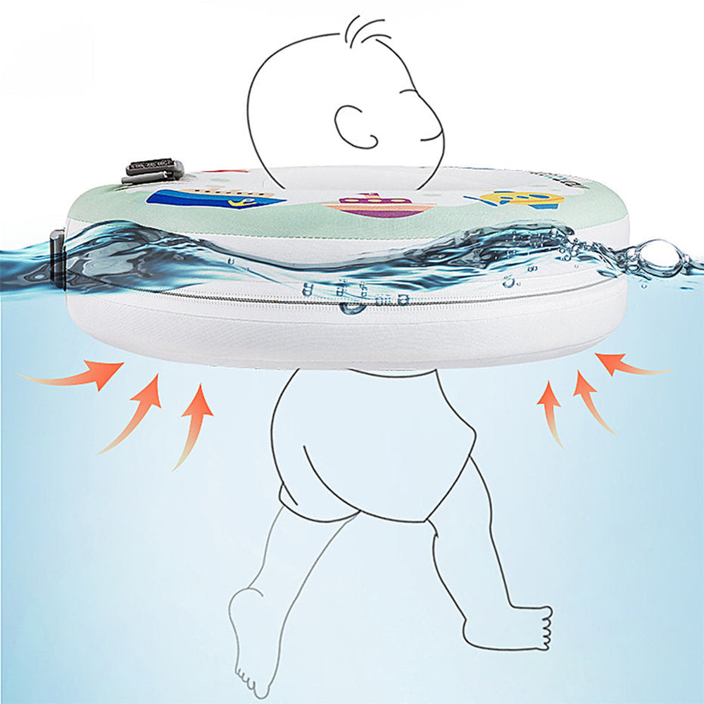 Underwater view of a baby's feet moving freely in a Mambobaby neck ring to promote muscle growth and motor skills.