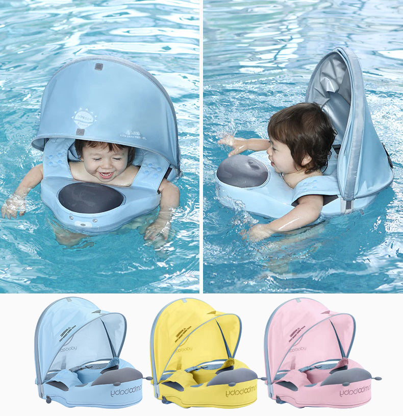 Demonstration of active swimming positions using the Mambobaby Ladybug float to promote toddler muscle coordination.