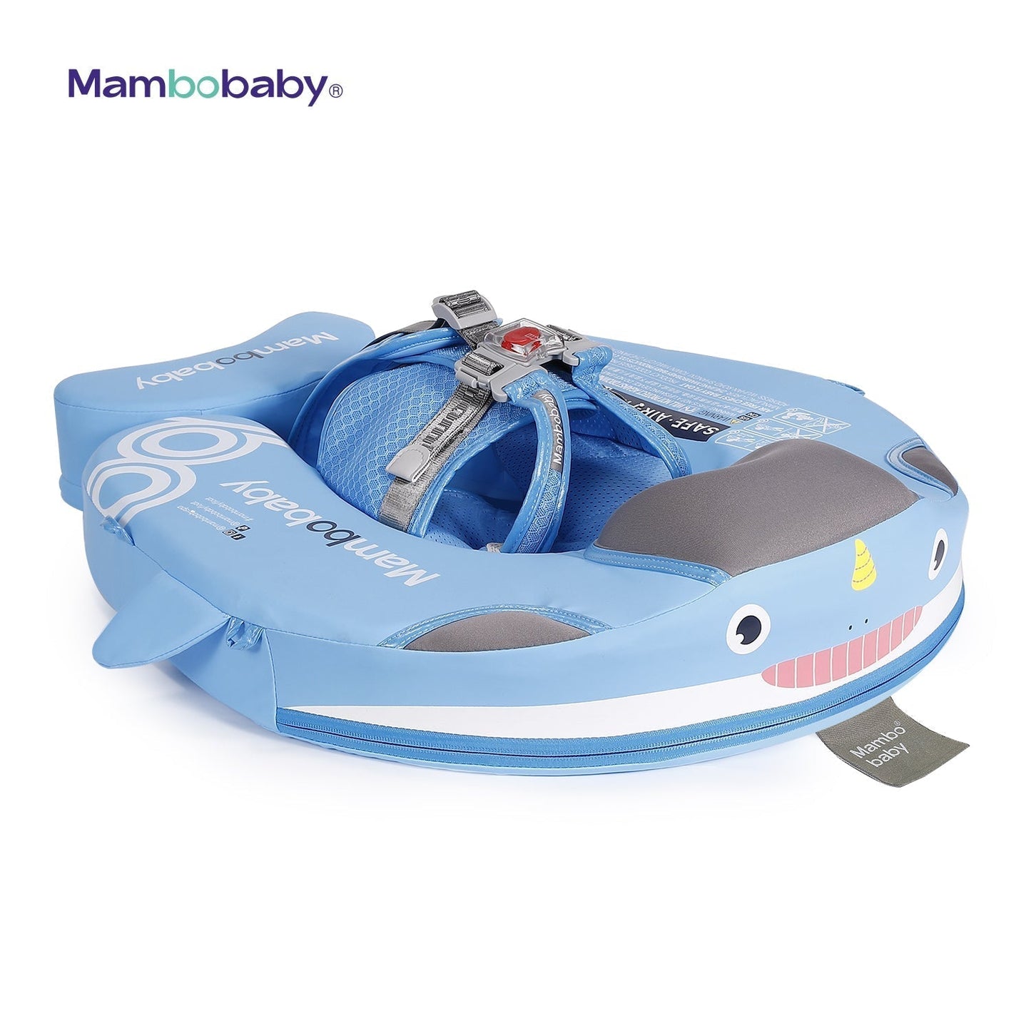 Detailed view of the puncture-proof Mambobaby Narwhal float highlighting the premium waterproof PU leather and anti-flip tail stabilizer.
