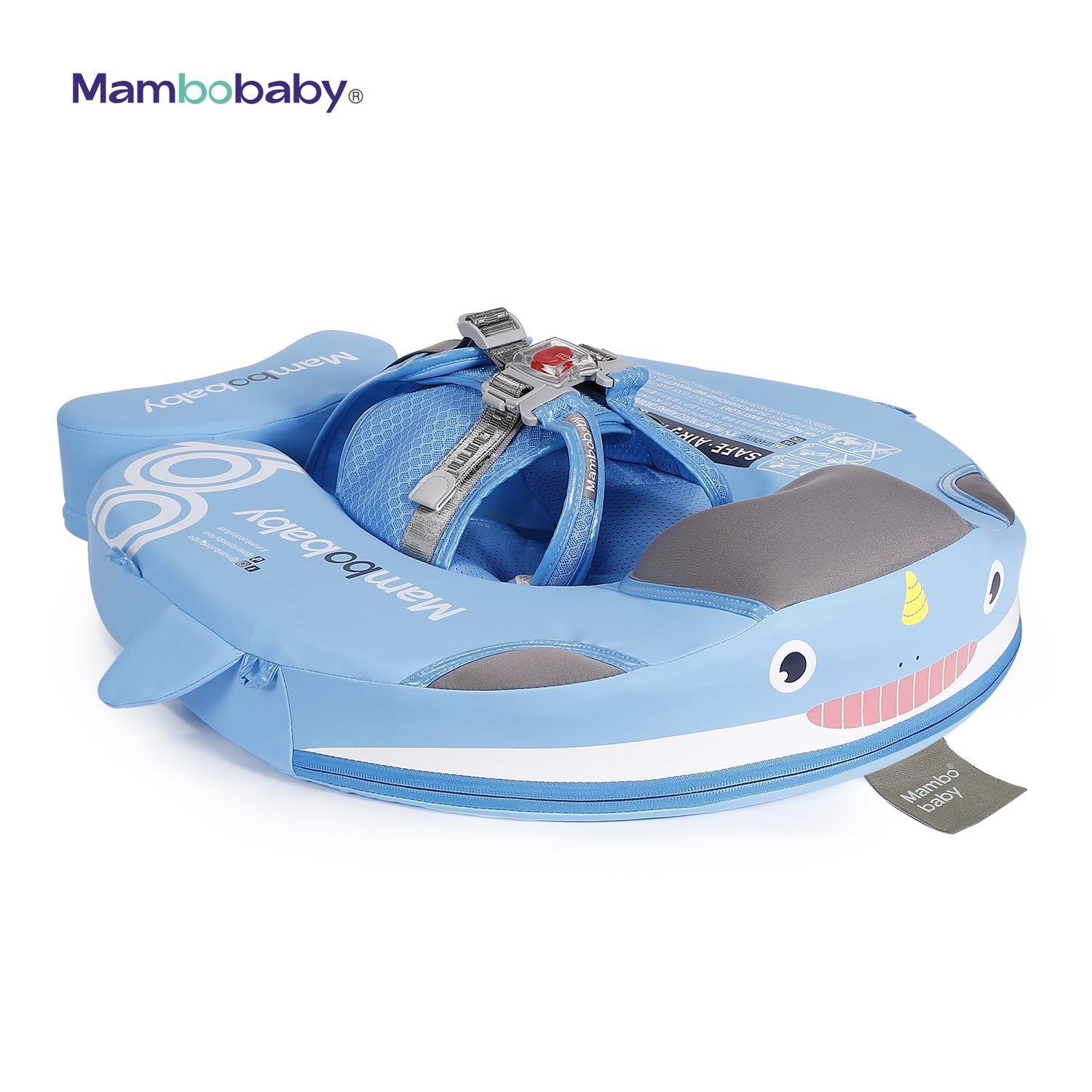 Detailed view of the puncture-proof Mambobaby Narwhal float highlighting the premium waterproof PU leather and anti-flip tail stabilizer.