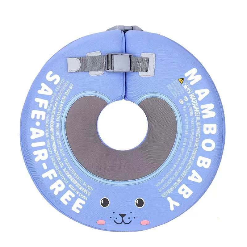 The Blue Edition Mambobaby air-free neck float featuring waterproof TPU fabric and puncture-proof PearlFoam technology.