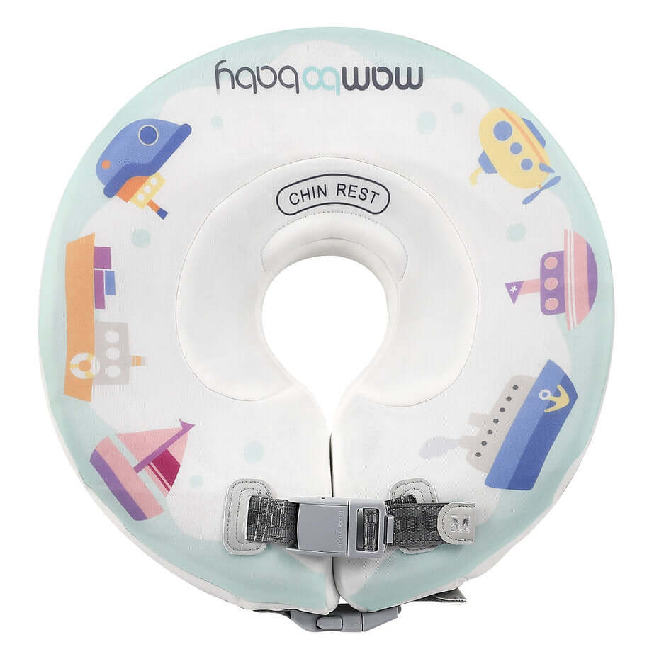 The White Edition Mambobaby air-free neck float featuring waterproof TPU fabric and puncture-proof PearlFoam technology.