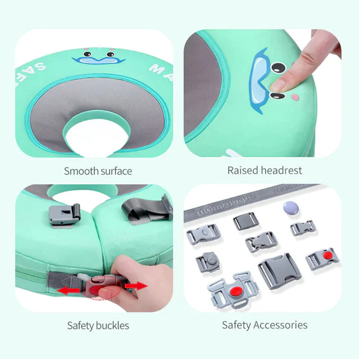 Close-up of the Mambobaby neck ring dual-clasp locking system and safety buckles for secure newborn support.