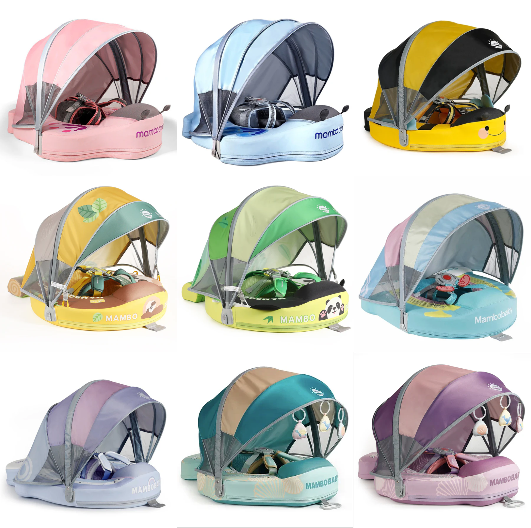 The official 2026 Mambobaby collection featuring 9 iconic animal-themed air-free floats including Shark, Bee, and Panda.