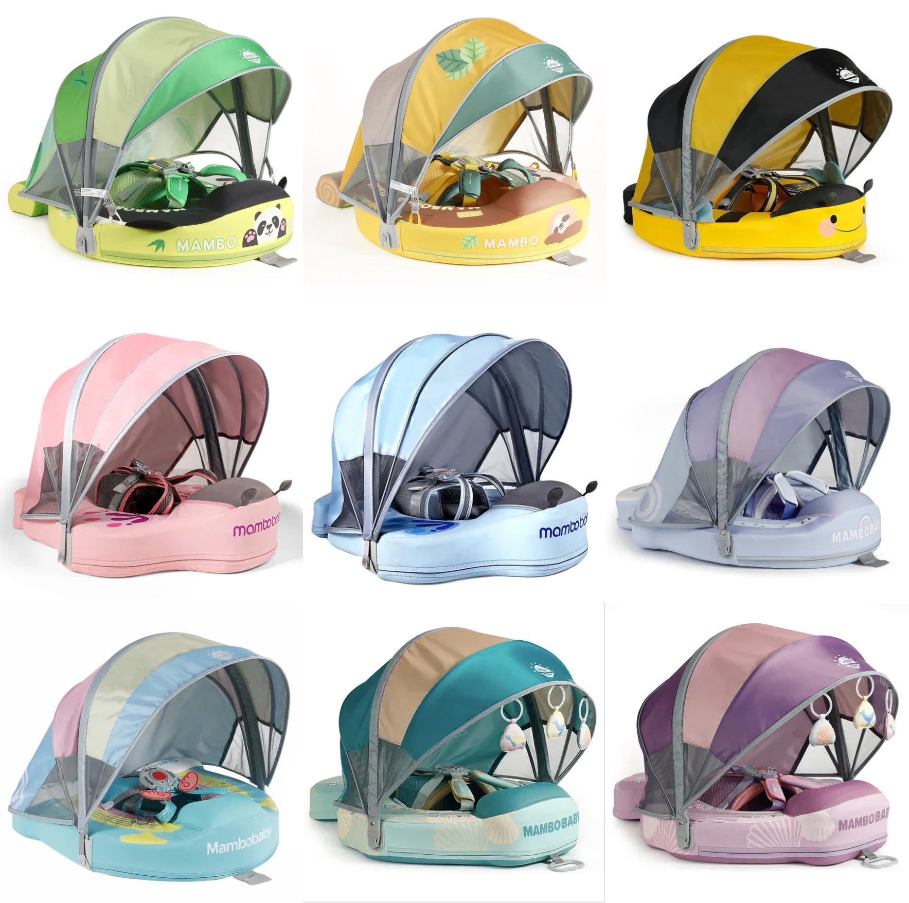 The full Mambobaby official color collection featuring 9 unique animal themes and luxury designs including Shark, Flamingo, and Panda.