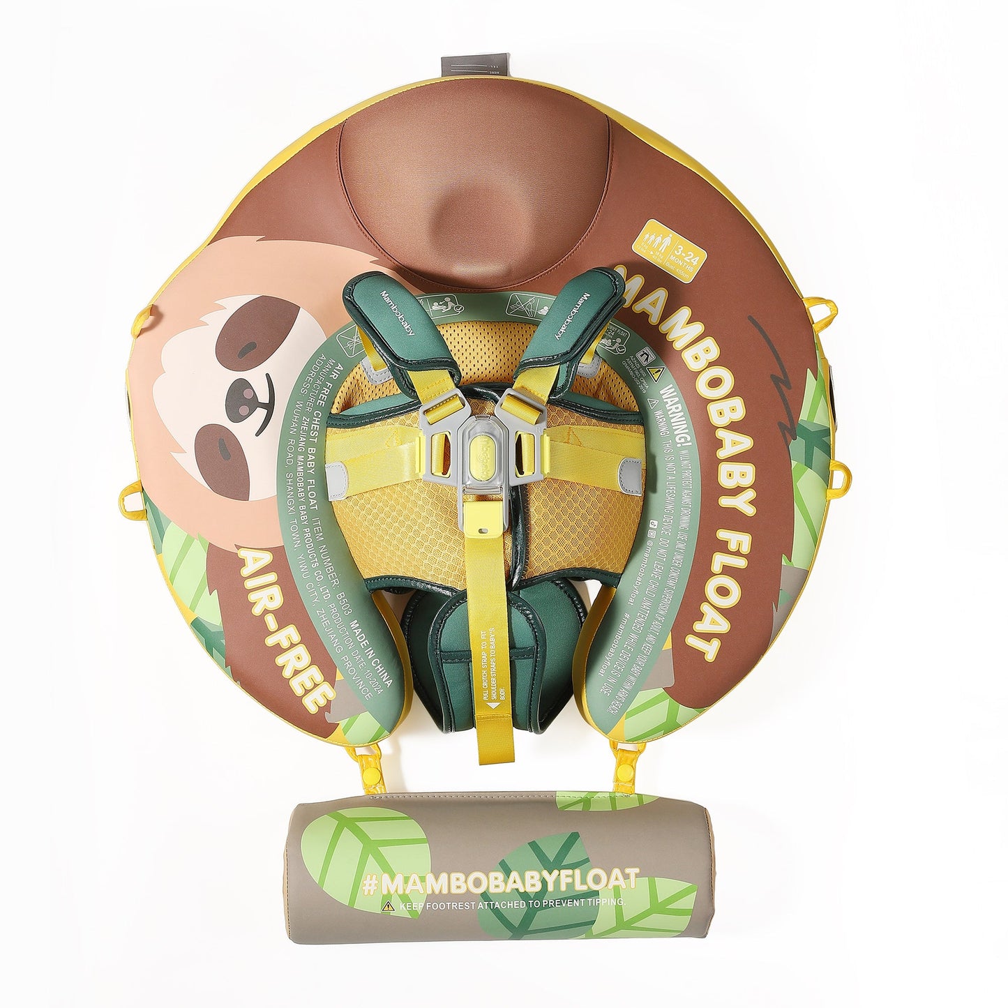 Official Mambobaby Sloth Edition air-free baby float featuring puncture-proof PearlFoam and a removable UV canopy.