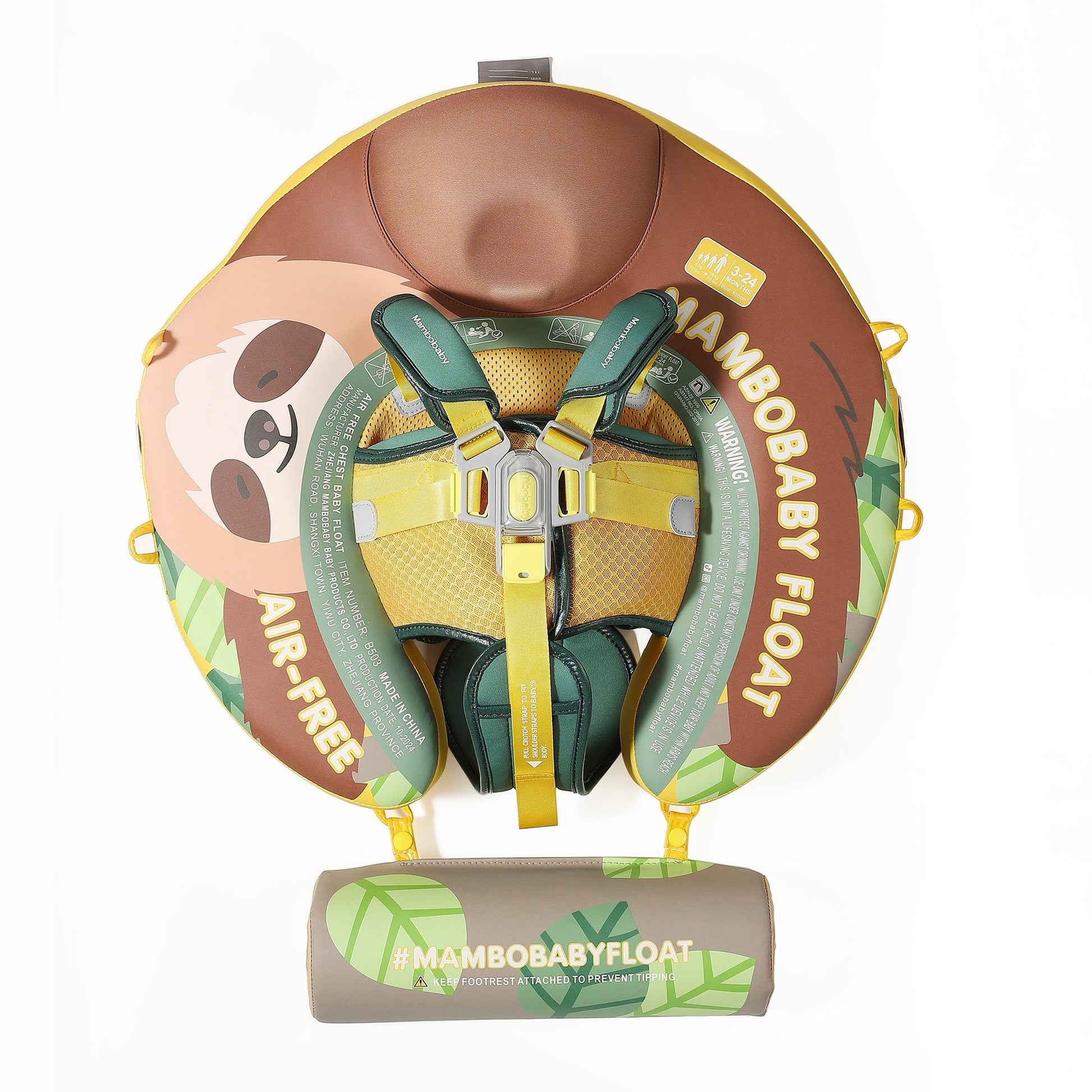 Official Mambobaby Sloth Edition air-free baby float featuring puncture-proof PearlFoam and a removable UV canopy.