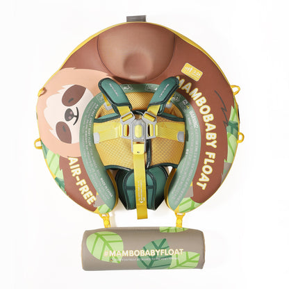 Official Mambobaby Sloth Edition air-free baby float featuring puncture-proof PearlFoam and a removable UV canopy.