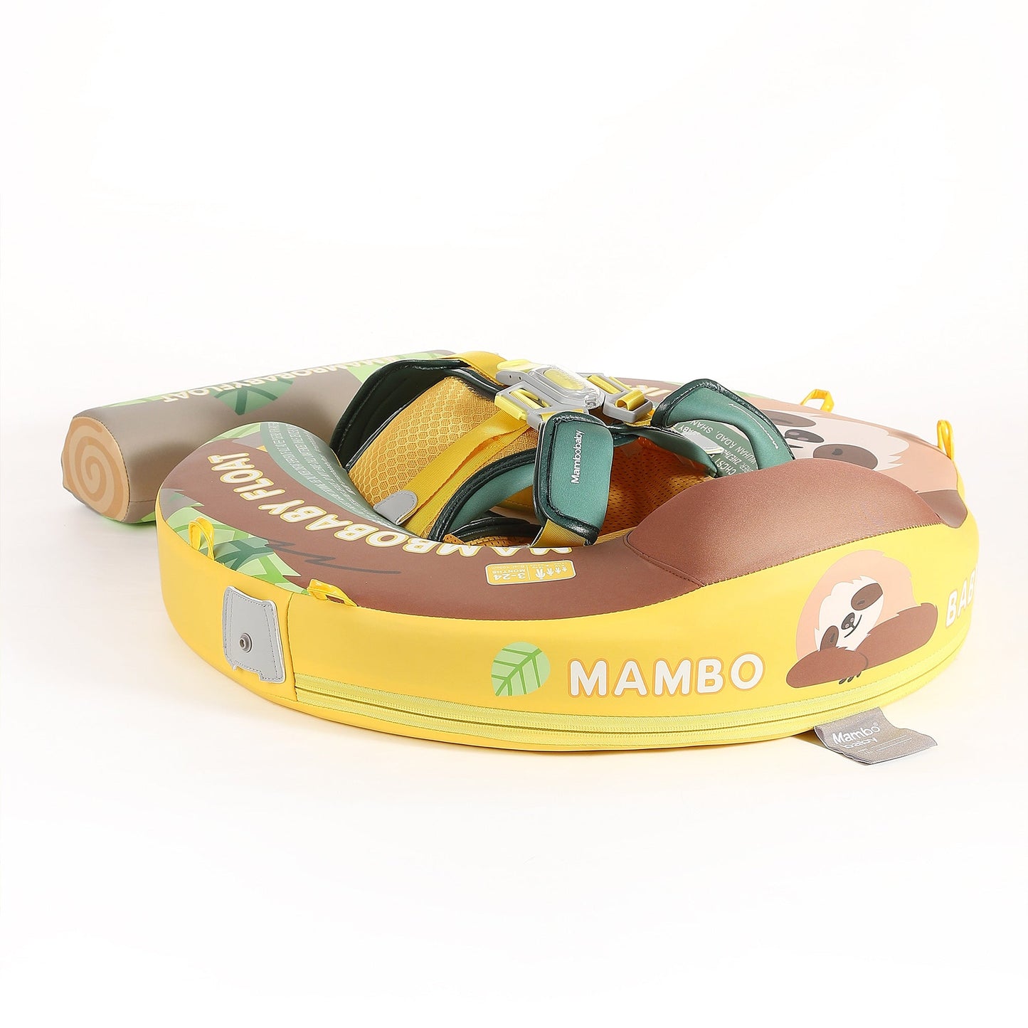 Official Mambobaby Sloth Edition air-free baby float featuring puncture-proof PearlFoam and a removable UV canopy.