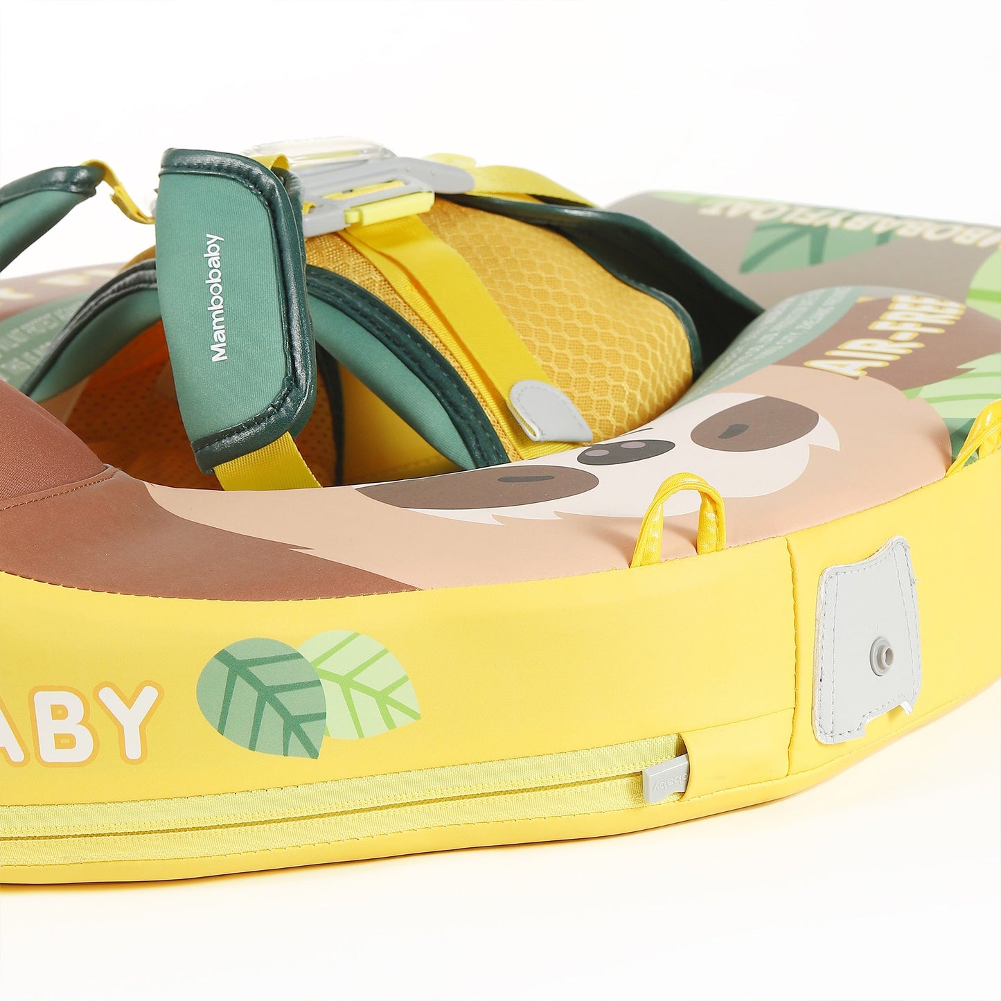 Official Mambobaby Sloth Edition air-free baby float featuring puncture-proof PearlFoam and a removable UV canopy.