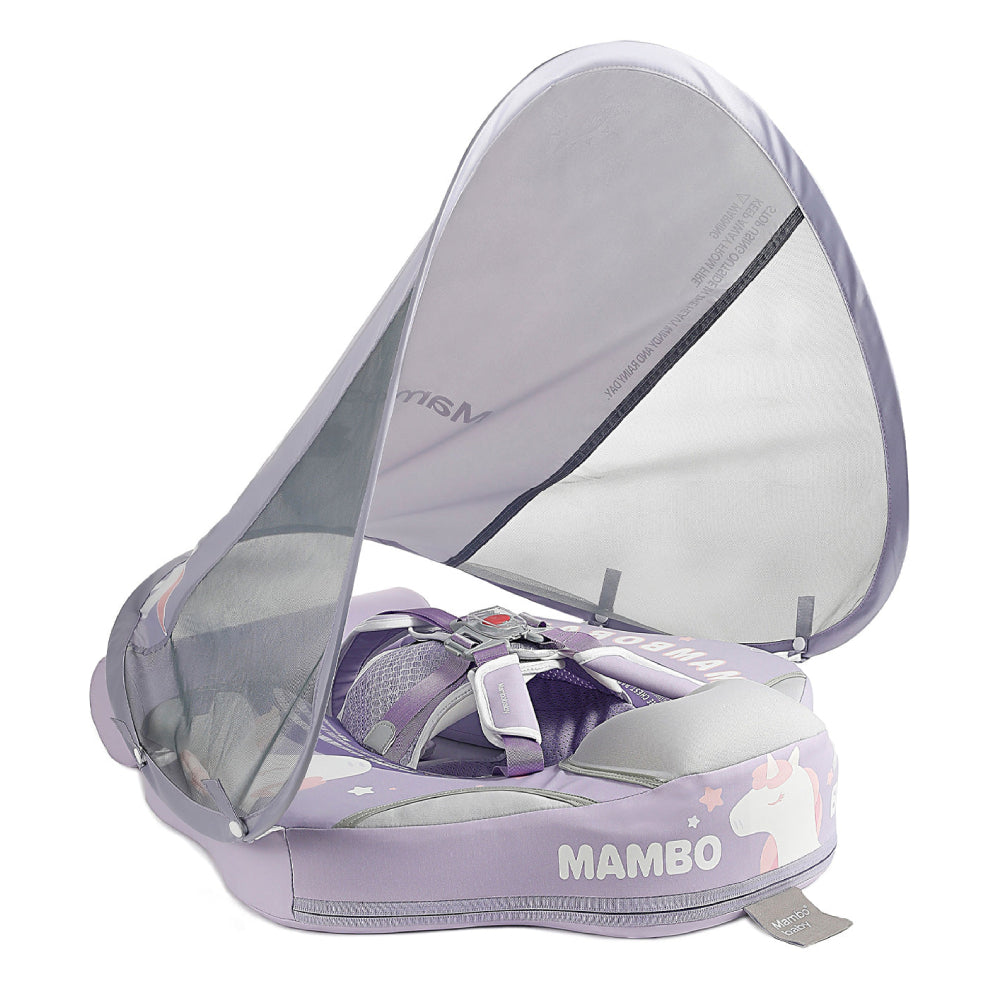Official Mambobaby Unicorn Luxury Edition air-free baby float with puncture-proof PearlFoam and UV protection canopy.