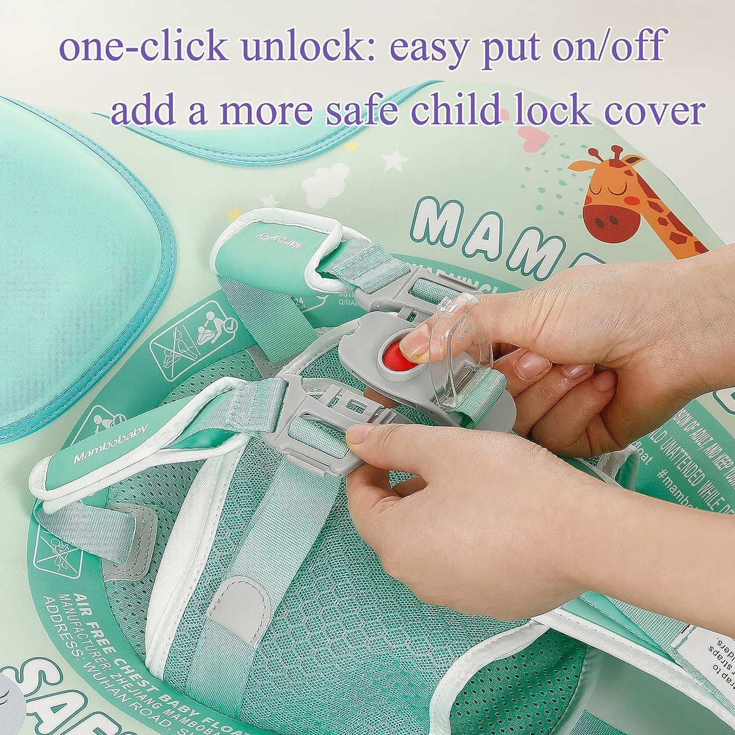 Close-up of the Mambobaby™ one-click safety buckle. This heavy-duty quick-release lock is designed for parent-only access, ensuring a secure 5-point harness fit that can be fastened in seconds for a safe, worry-free swim.