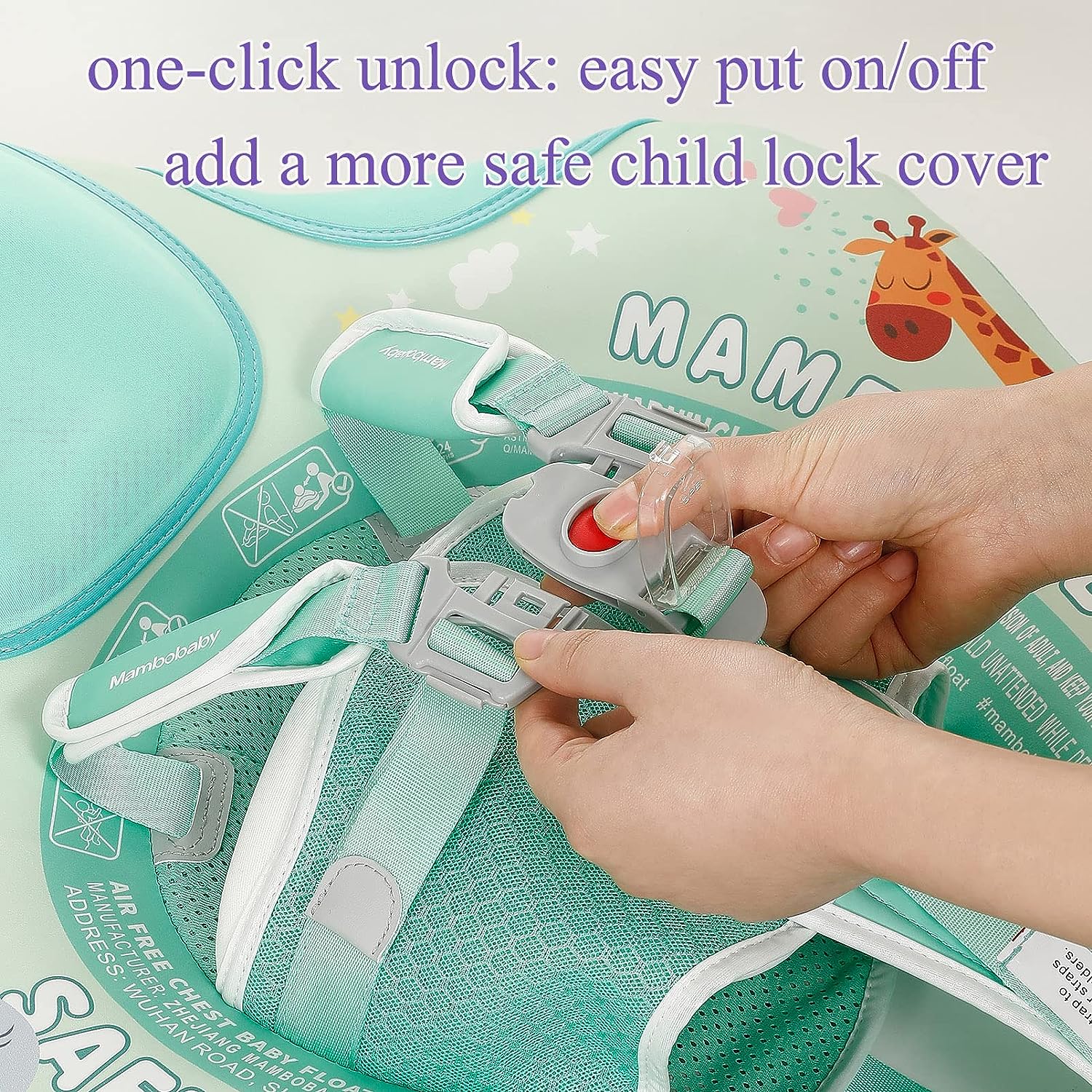 Close-up of the Mambobaby™ one-click safety buckle. This heavy-duty quick-release lock is designed for parent-only access, ensuring a secure 5-point harness fit that can be fastened in seconds for a safe, worry-free swim.