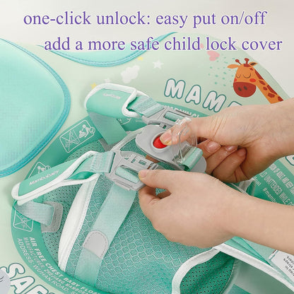 Close-up of the Mambobaby™ one-click safety buckle. This heavy-duty quick-release lock is designed for parent-only access, ensuring a secure 5-point harness fit that can be fastened in seconds for a safe, worry-free swim.