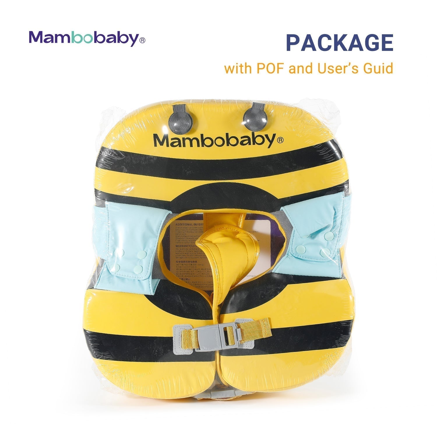 Detailed view of the Mambobaby™ package back showing technical specifications and global safety standard icons.