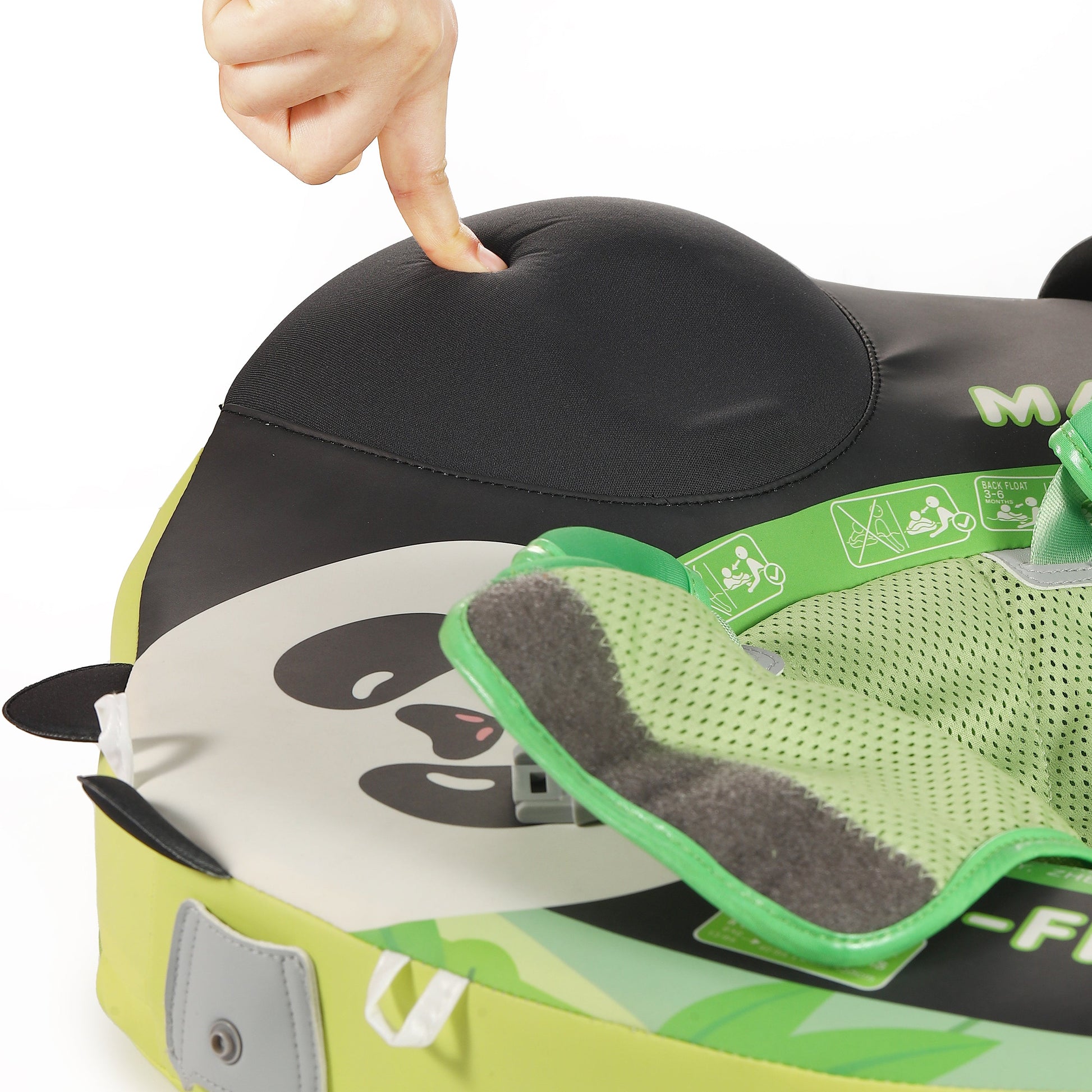 Detailed view of the Mambobaby Panda float ergonomic headrest designed for neck support and airway safety.