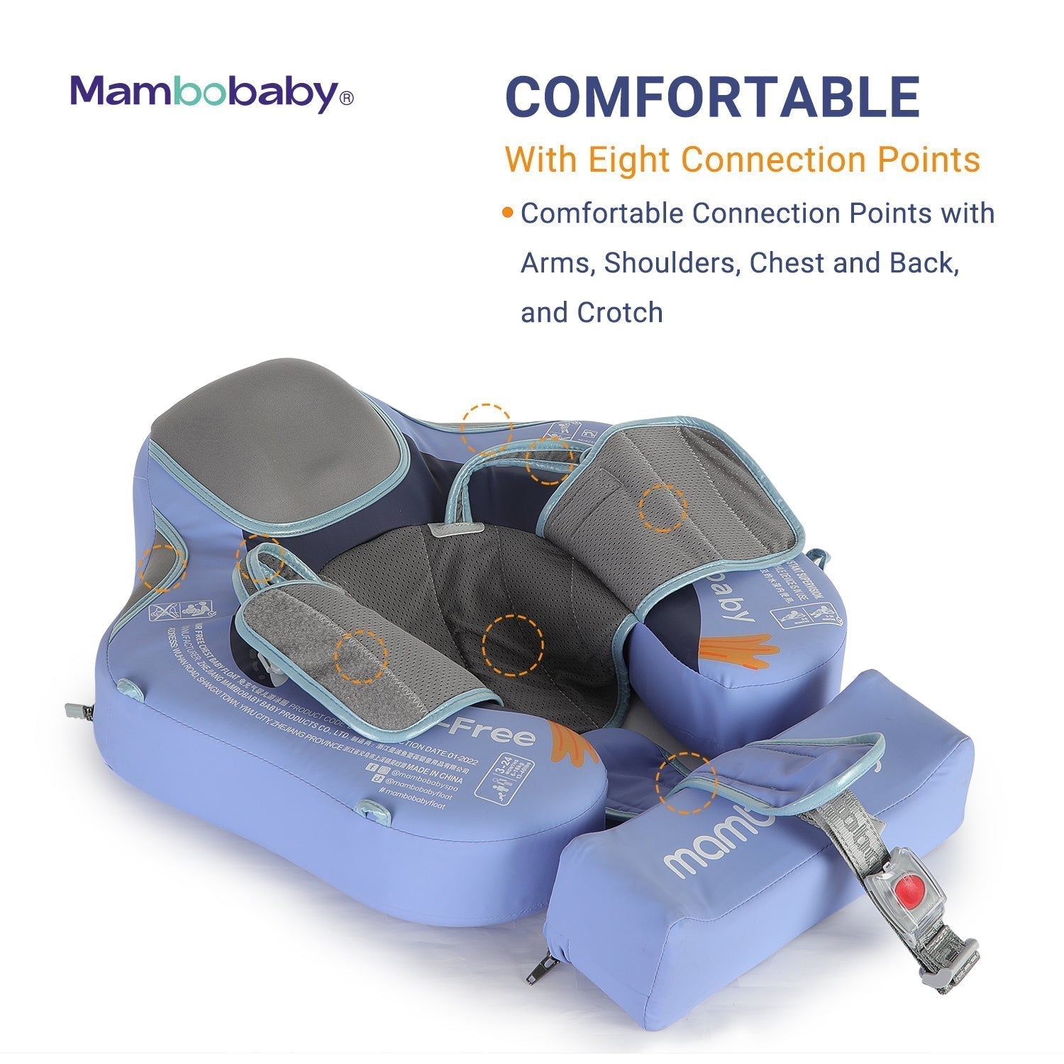 Detailed view of the secure 5-point safety harness and dual-clasp locking system on the Mambobaby Penguin float.