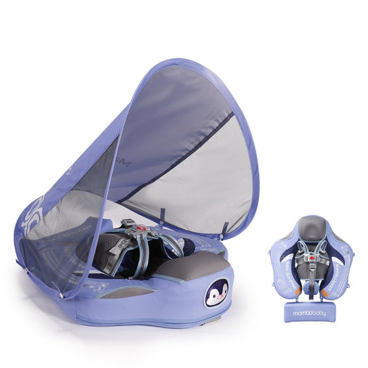 Official Mambobaby Penguin Edition puncture-proof baby float with UV50 canopy for ages 3-24 months.