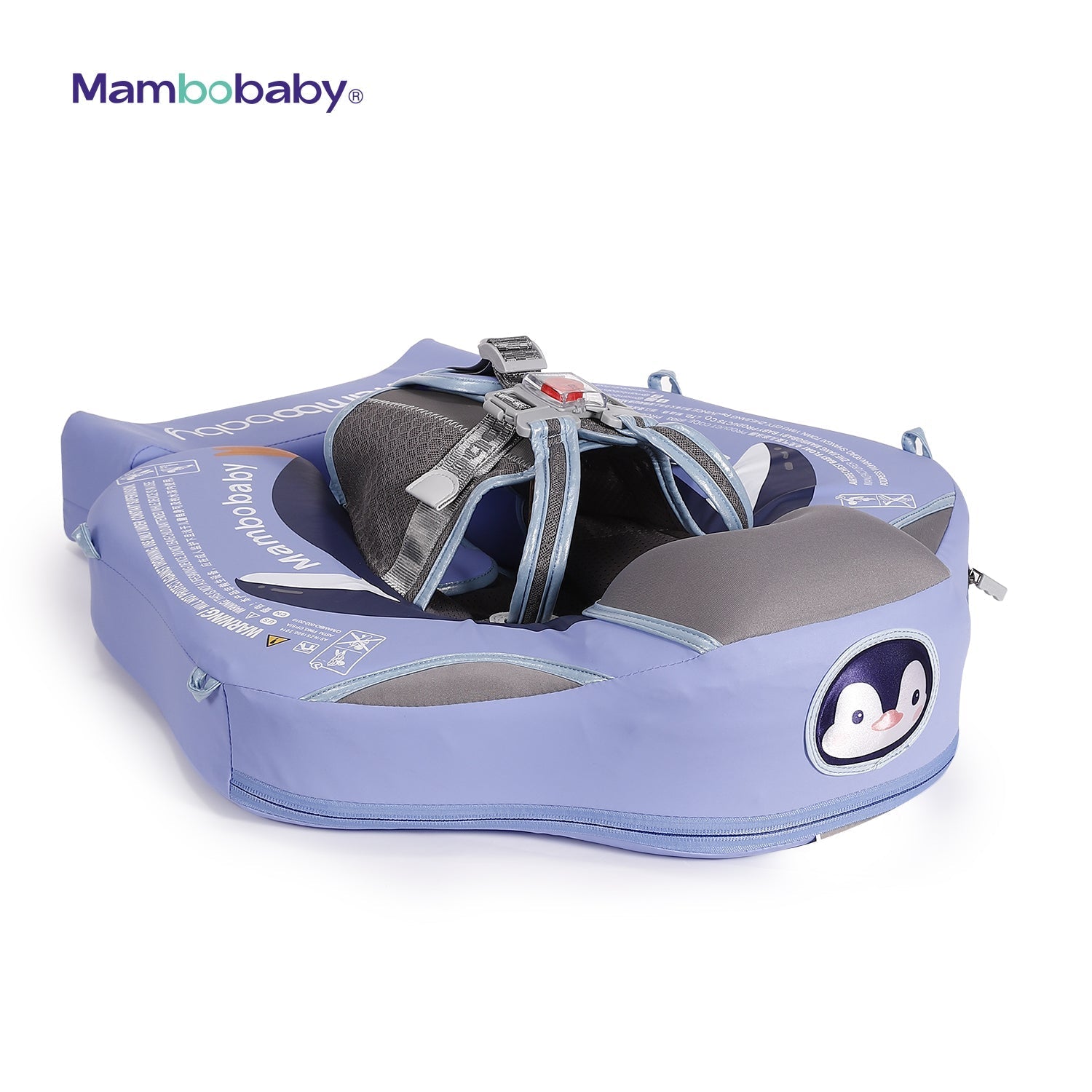 Side profile of the Mambobaby Penguin non-inflatable baby swim ring in high-visibility blue.