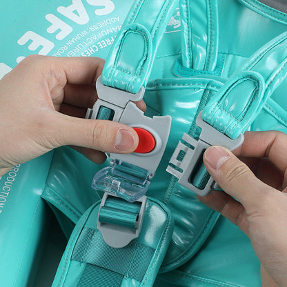 Close-up of the Mambobaby 5-point safety harness and secure dual-clasp locking system for maximum water security.