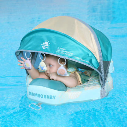 Happy baby swimming in Mambobaby Seashell Float. The only waterproof leather non-inflatable safety swim trainer for infants.