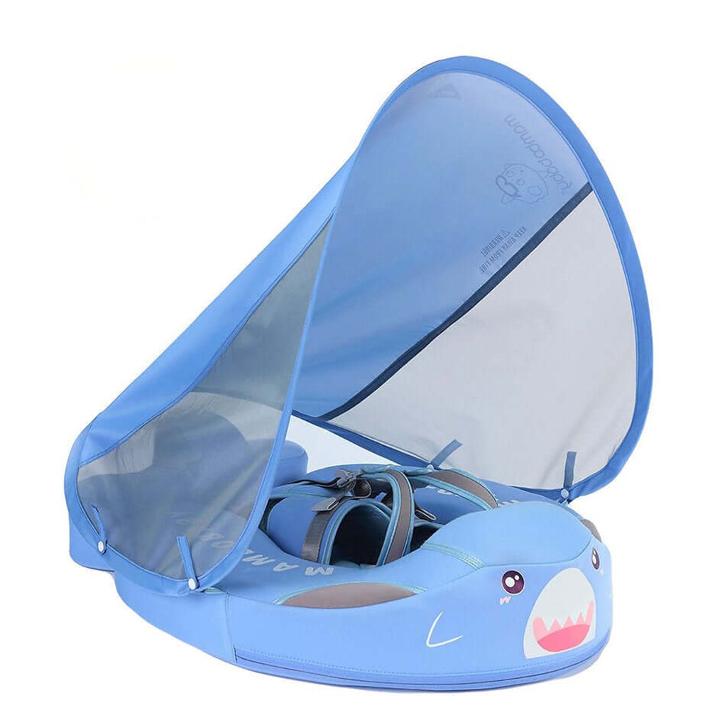 The blue Edition Mambobaby Shark float featuring premium waterproof TPU leather and a puncture-proof solid core.