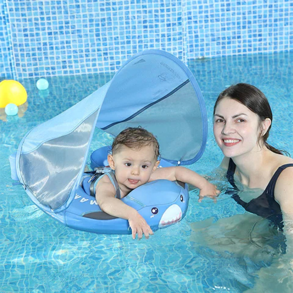 Official Mambobaby Shark Series air-free baby float with UPF 50+ canopy and unsinkable PearlFoam technology for ages 3-24 months.