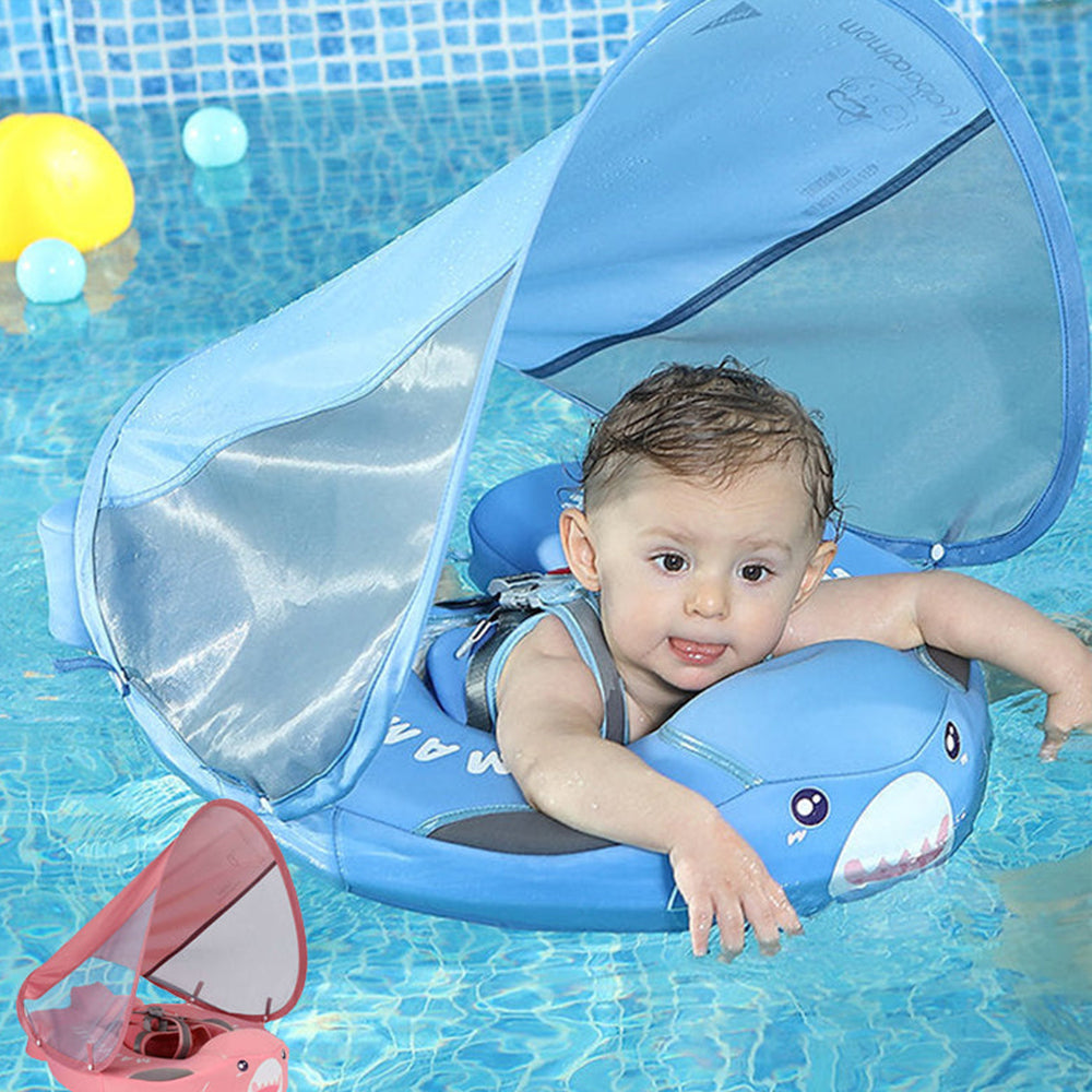 Official Mambobaby Shark Series air-free baby float with UPF 50+ canopy and unsinkable PearlFoam technology for ages 3-24 months.