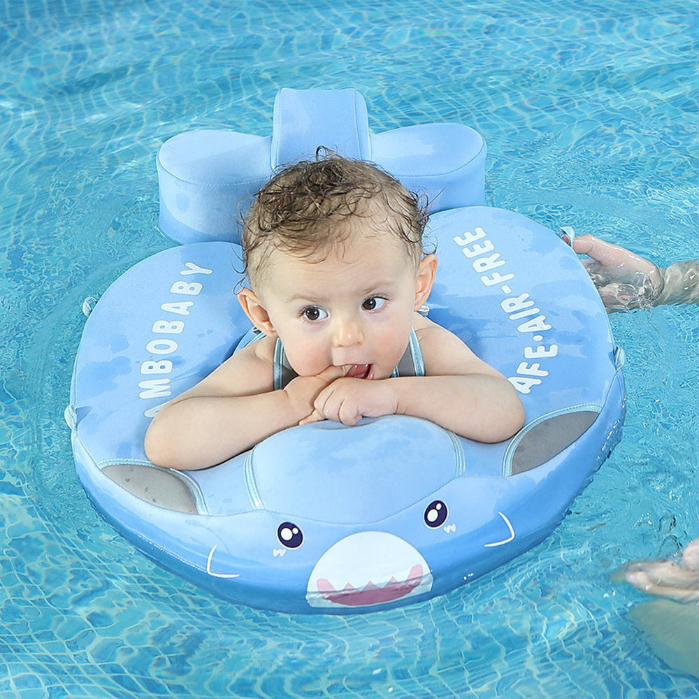 Official Mambobaby Shark Series air-free baby float with UPF 50+ canopy and unsinkable PearlFoam technology for ages 3-24 months.