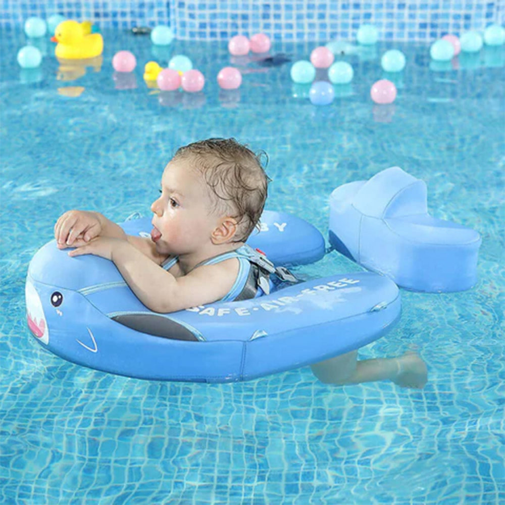 Official Mambobaby Shark Series air-free baby float with UPF 50+ canopy and unsinkable PearlFoam technology for ages 3-24 months.
