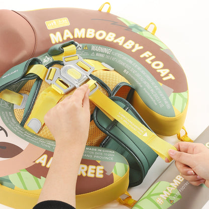 Detailed view of the Mambobaby Sloth edition 5-point safety harness with dual-clasp and secure button-lock mechanism.