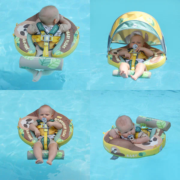 Infant in the 40-degree breaststroke swimming position using the Mambobaby Sloth solid-core trainer.