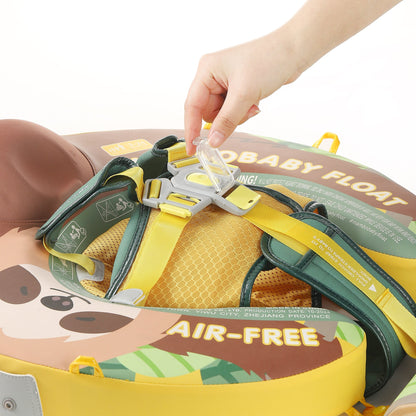 Detailed view of the multiple safety buckle locks and secure 5-point harness system on the Sloth float.