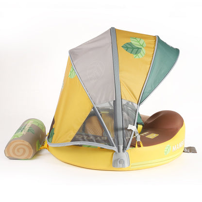 Close-up of the Mambobaby Sloth edition UPF 50+ sun canopy providing 98% UV protection for sensitive skin.