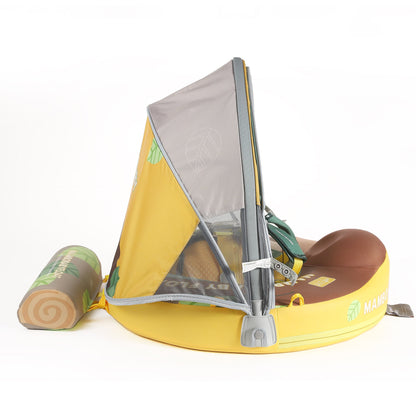 Close-up of the Mambobaby Sloth edition UPF 50+ sun canopy providing 98% UV protection for sensitive skin.