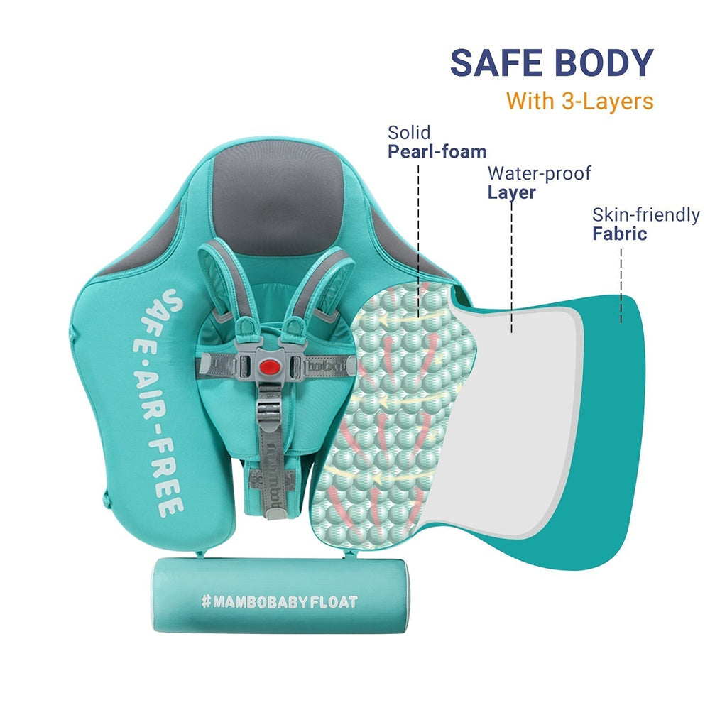 Baby safely swimming in a tropical pool under adult supervision with the Mambobaby Green Flamingo non-inflatable float.