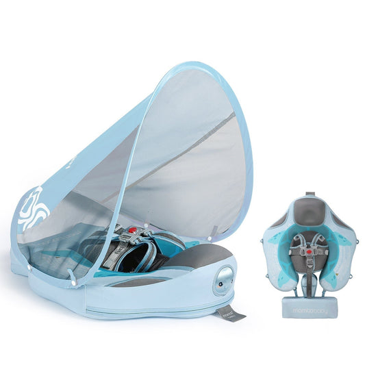 Official Mambobaby Turtle Series air-free baby float with UPF 50+ canopy and unsinkable PearlFoam technology for ages 3-24 months.