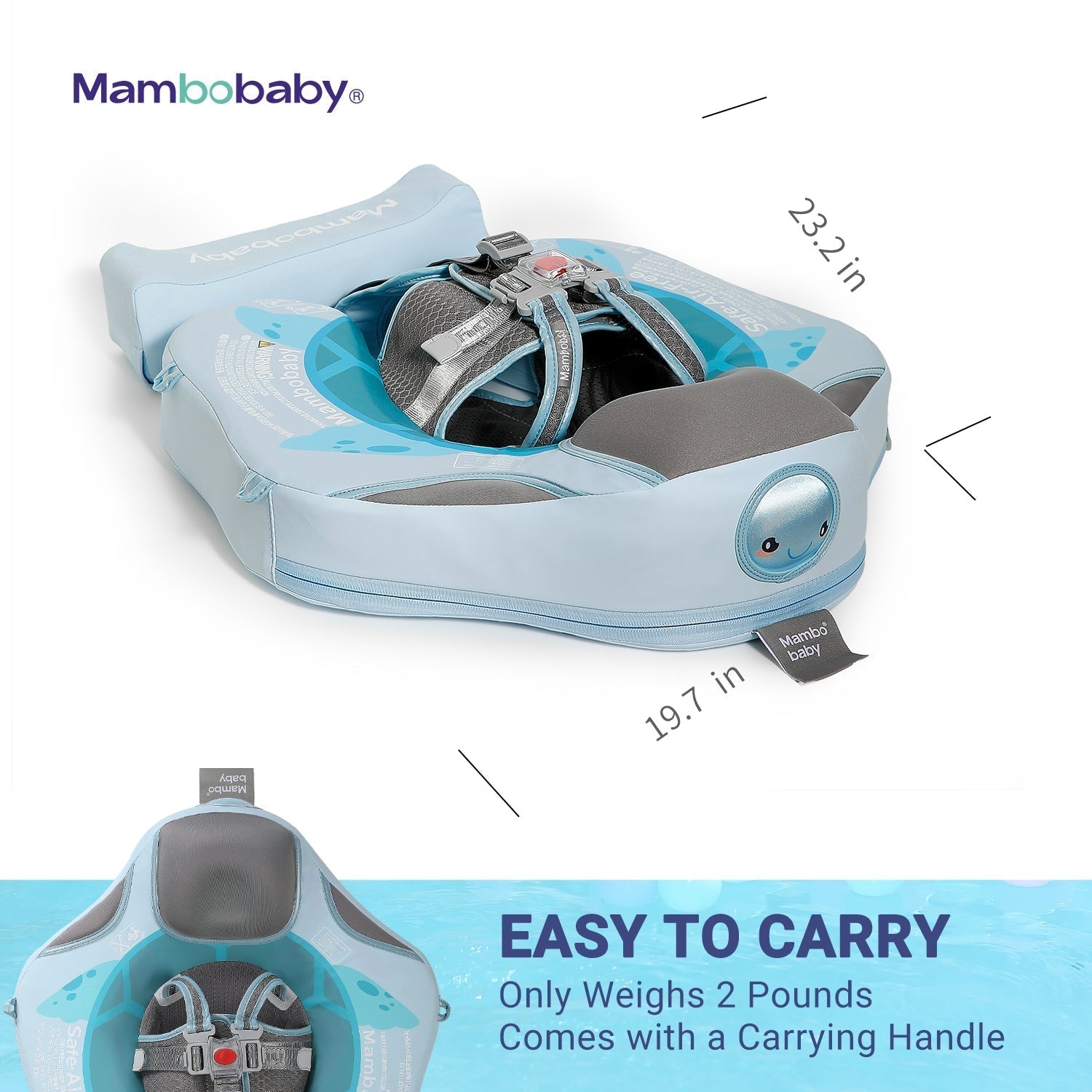 Detailed view of the Mambobaby Turtle float featuring breathable mesh sides on the UV canopy and BPA-free waterproof leather.