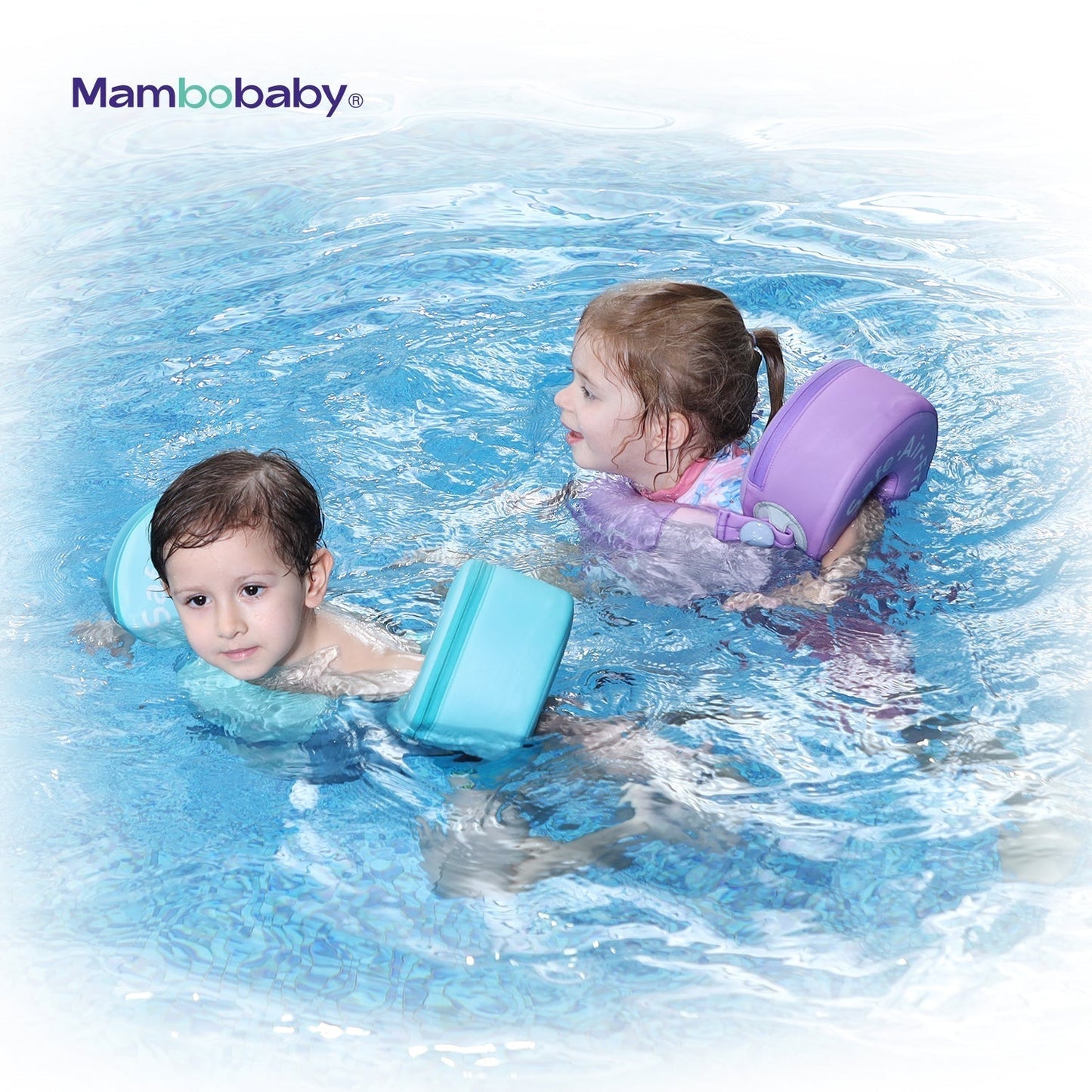 Child practicing independent swimming in a pool using the Mambobaby 3-in-1 progressive swim trainer set.