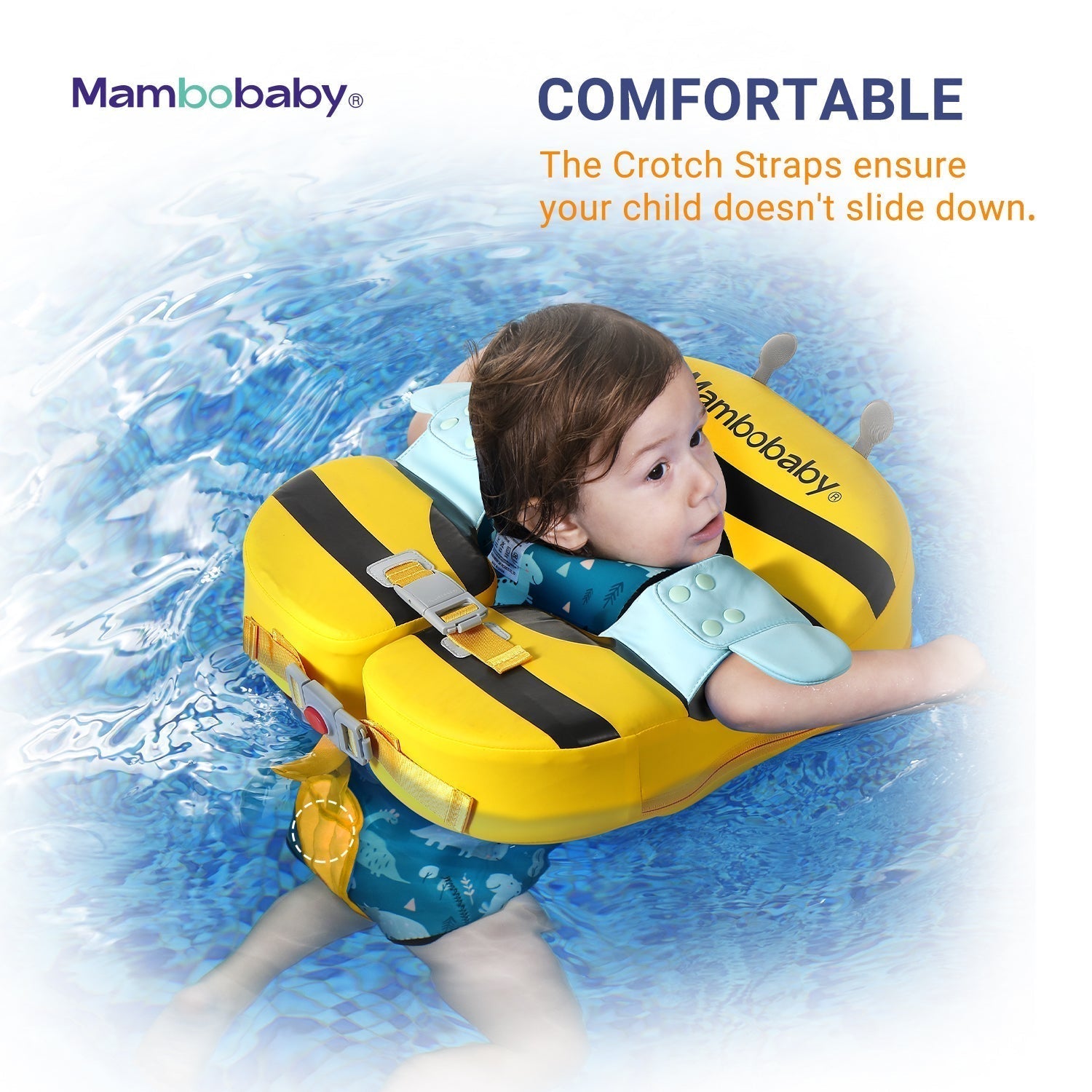 Safe toddler pool swimming with the Mambobaby Bee shoulder float under active adult supervision.